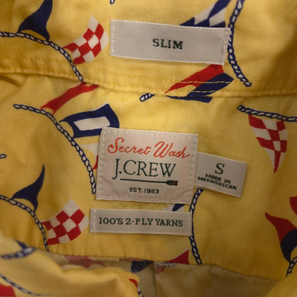 J Crew Shirt Mens S Yellow Nautical Flag AOP Secret Wash Slim Fit Short Sleeve - Picture 7 of 9